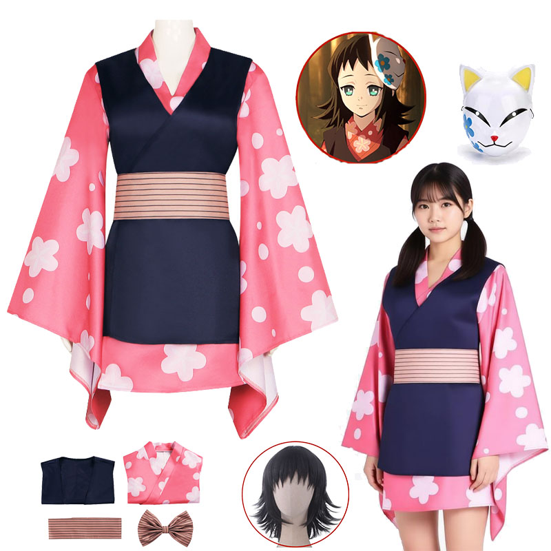 Anime Cosplay Kimono - Anime Kimetsu Cosplay Costume Makomo Wig